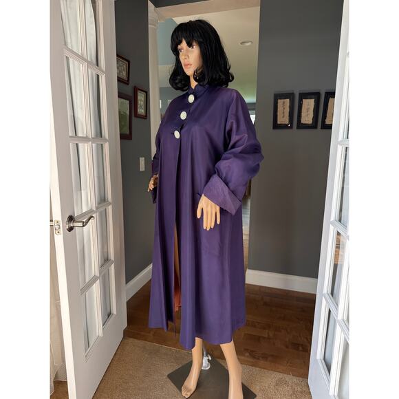 Vintage Purple Sateen Lined Duster Swing Coat 3 button closing large - Picture 13 of 16